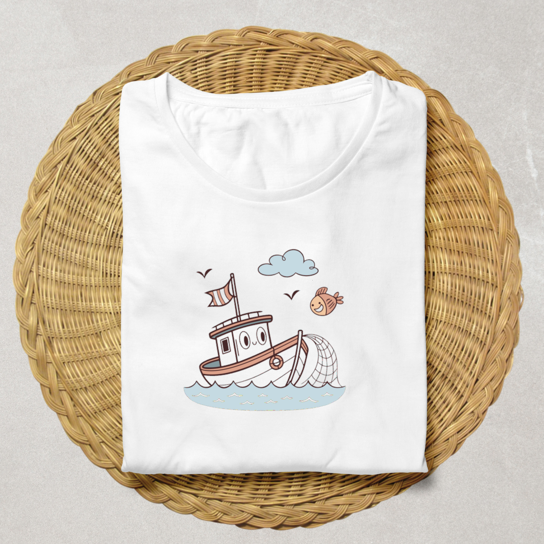 T-shirt avec design marin pastel illustrant un bateau pêcheur joyeux