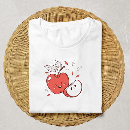 T-shirt avec une pomme souriante en style doodle automnal flottant dans les airs