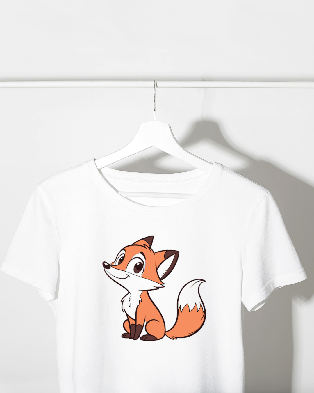 T-shirt avec renard espiègle dans une ambiance de forêt magique, style élégant