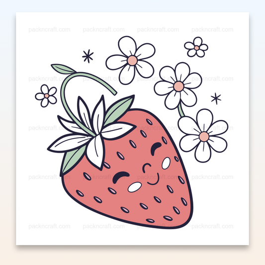 Illustration kawaii d'une fraise souriante avec des fleurs, idéale pour papeterie et décorations.