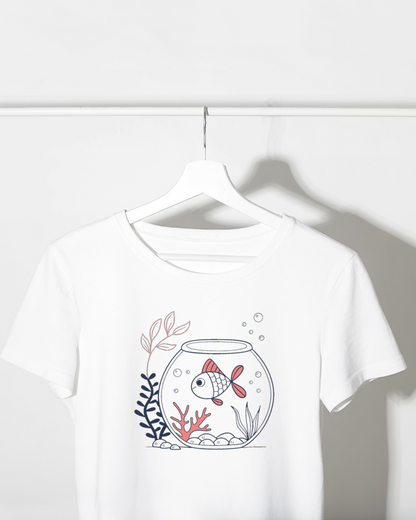T-shirt moderne avec dessin de poisson joyeux dans bocal aquatique coloré