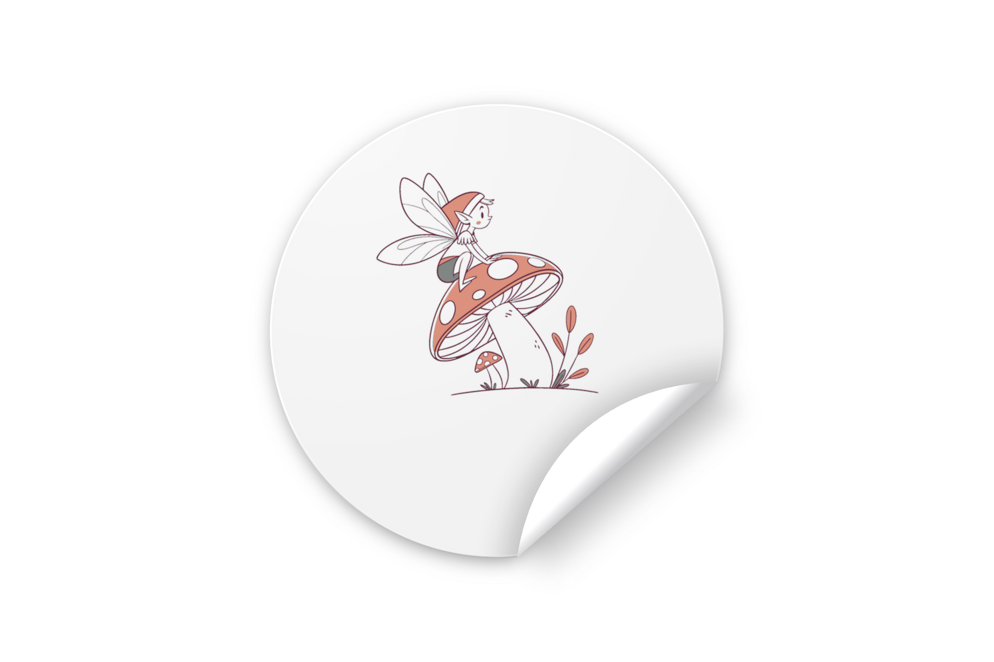 Sticker décoratif féerique pastel avec fée rêveuse posée sur un champignon magique