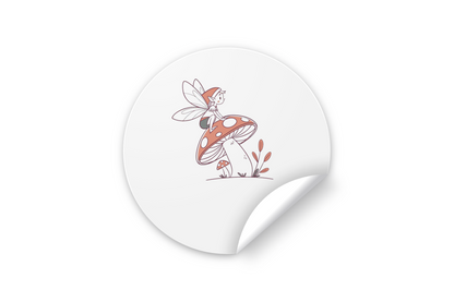 Sticker décoratif féerique pastel avec fée rêveuse posée sur un champignon magique