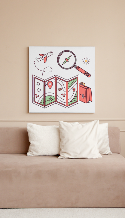Cadre présenté avec un dessin doodle évoquant une exploration aérienne et voyage