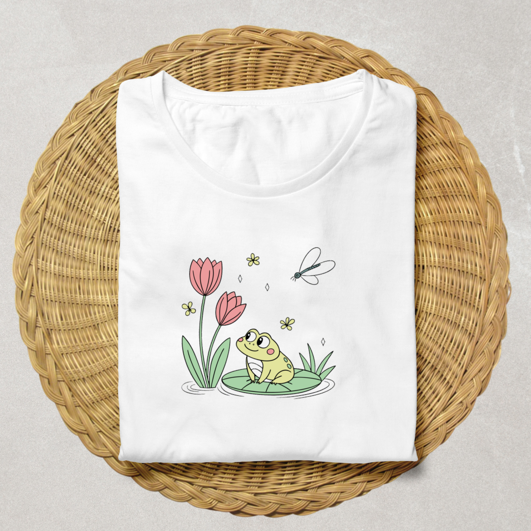 T-shirt avec grenouille joyeuse pastel sur nénuphar scène printanière attachante