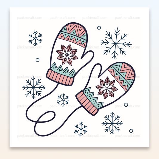 Illustration de moufles rétro avec flocons en style pastel, idéale pour créations DIY et déco hivernale