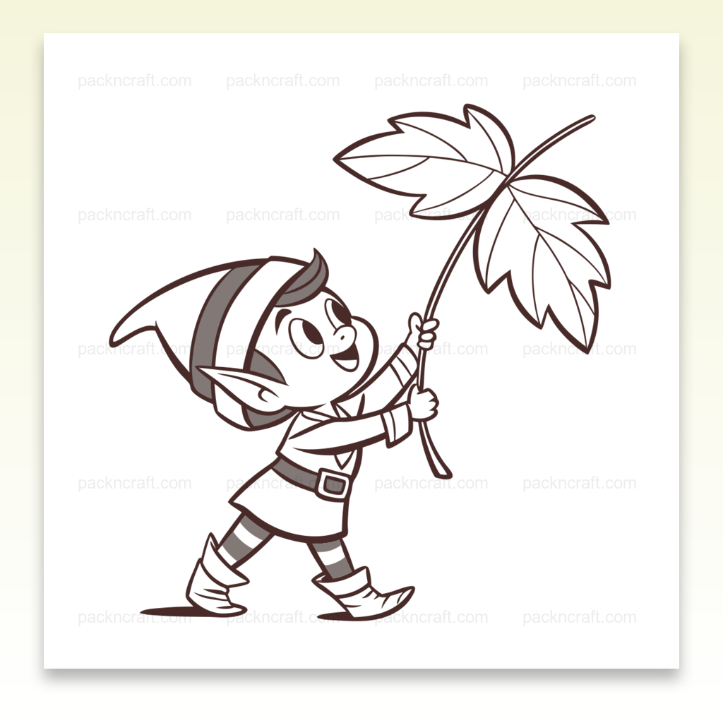 Illustration de lutin joyeux avec une feuille, idéale pour papeterie
