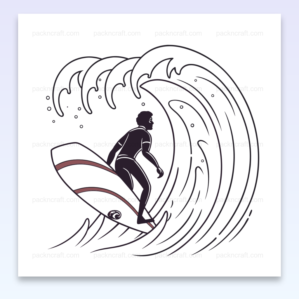 Illustration vectorielle d'un surfeur sur une vague majestueuse, utilisable pour papeterie et décoration.