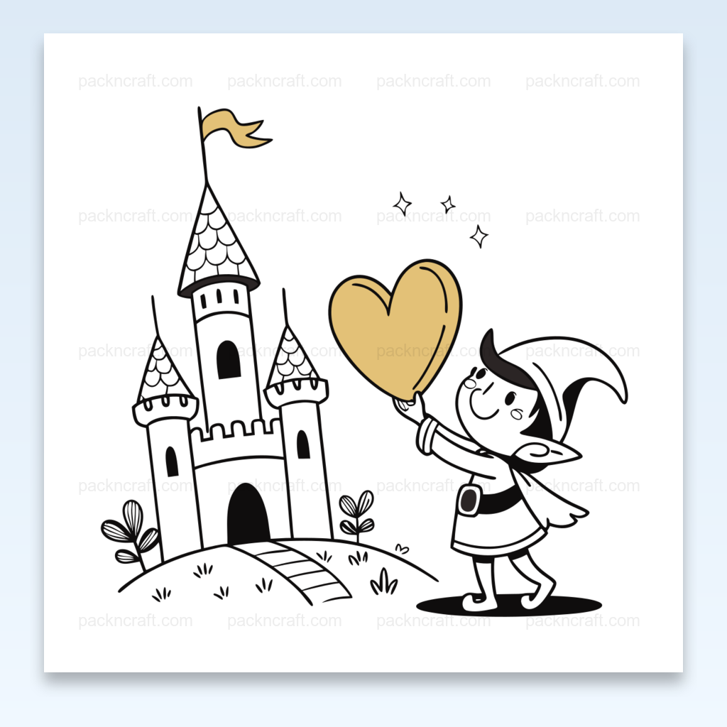 Illustration numérique de petit elfe joyeux avec un château en style cartoon, usage en papeterie et décoration.