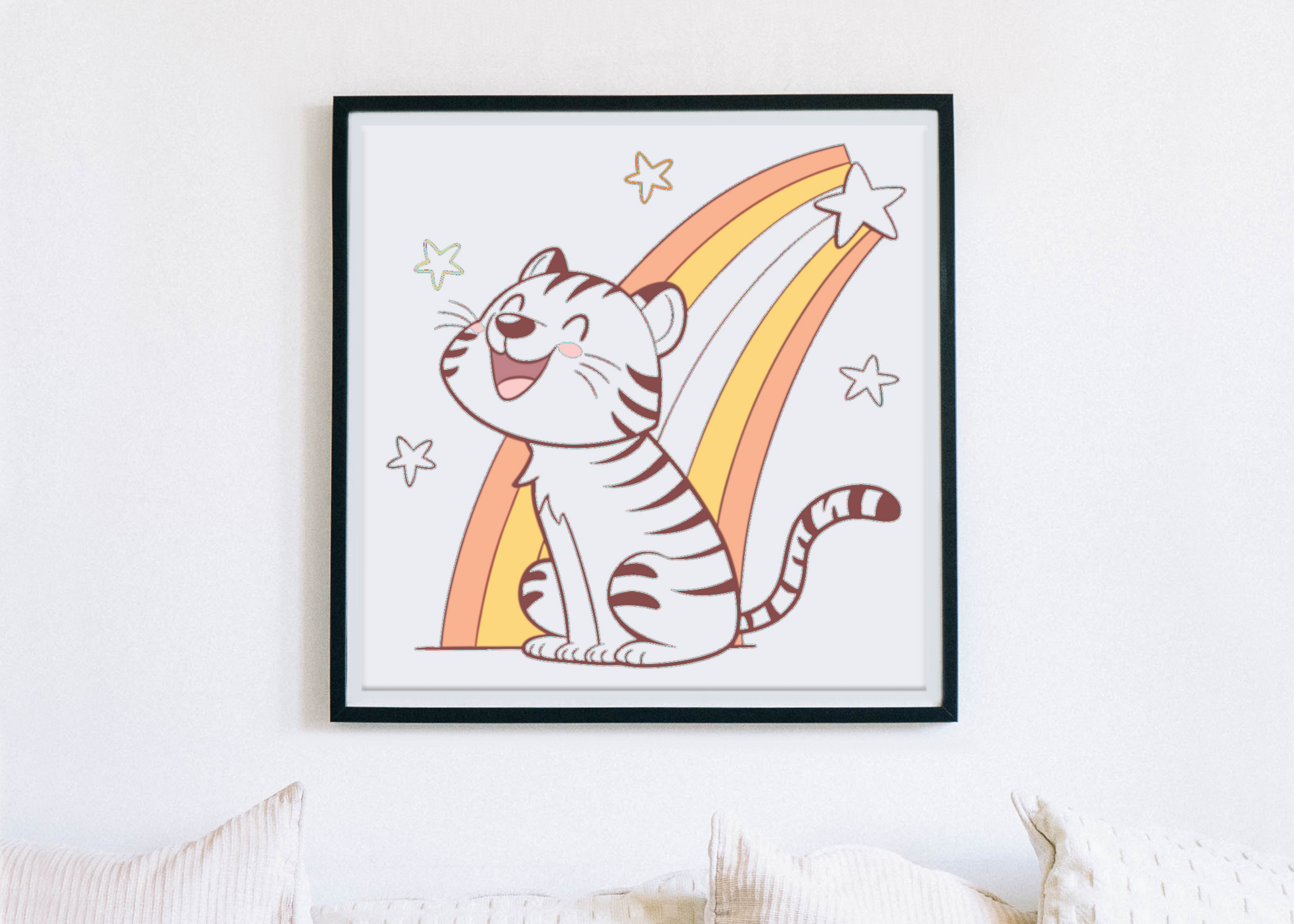 Cadre enfantin avec tigre joyeux sous arc-en-ciel adjugé d'un dessin soigné