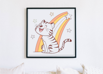 Cadre enfantin avec tigre joyeux sous arc-en-ciel adjugé d'un dessin soigné