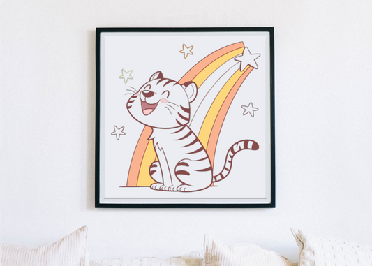 Cadre enfantin avec tigre joyeux sous arc-en-ciel adjugé d'un dessin soigné