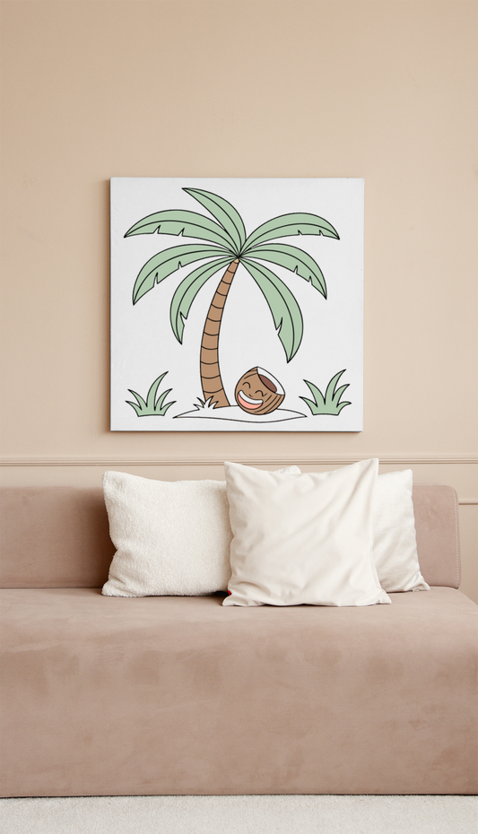 Cadre avec cocotier joyeux style kawaii pour une déco tropicale amusante