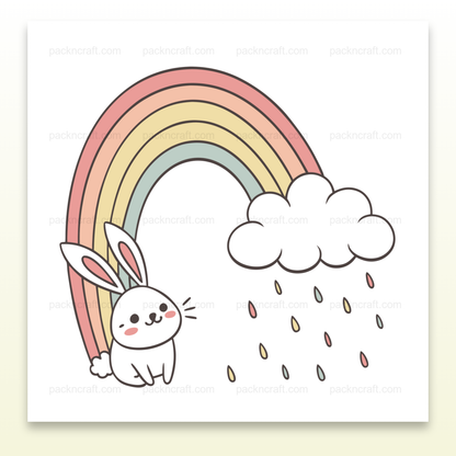 Visuel mignon de lapin joyeux sous un arc-en-ciel pour stickers et papeterie