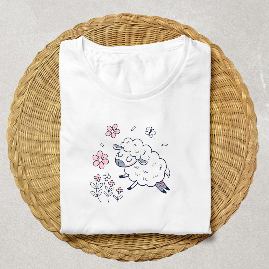 T-shirt coton avec mouton pastel sautillant sur fond de printemps fleuri
