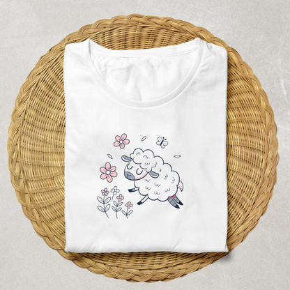 T-shirt coton avec mouton pastel sautillant sur fond de printemps fleuri