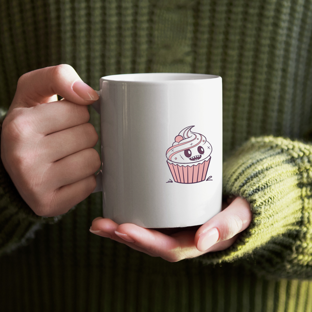 Mug festif avec cupcake monstre souriant, ambiance gourmande et originale