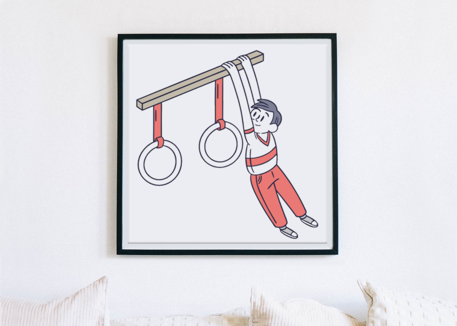 Cadre avec un dessin vectoriel de garçon gymnastique aux anneaux en style épuré