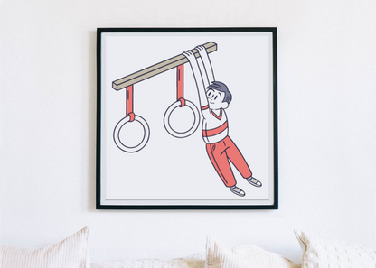 Cadre avec un dessin vectoriel de garçon gymnastique aux anneaux en style épuré