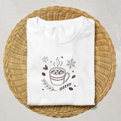 T-shirt avec motif doodle hivernal représentant un chocolat chaud réconfortant