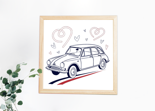 Illustration romantique Citroën Ami 6 avec cœurs, idéale pour déco murale, Citroën Ami 6 stylisée en art vectoriel pour papeterie vintage, Design de t-shirt avec motif rétro Citroën Ami 6, Sticker Citroën Ami 6 vintage pour personnalisation d'objets, Motif de mug Citroën Ami 6 inspiré du classicisme français