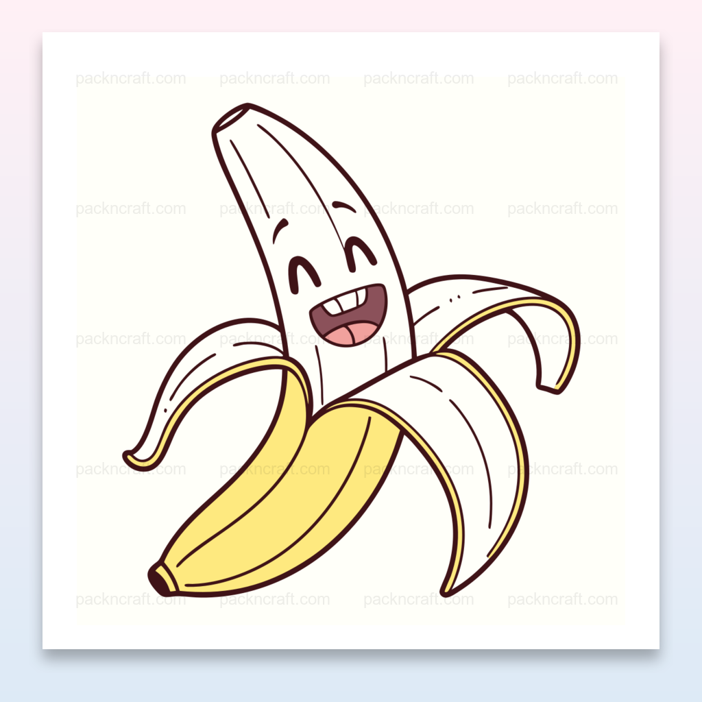 Illustration de banane rigolote épluchée au style cartoon coloré, idéale pour papeterie et déco.