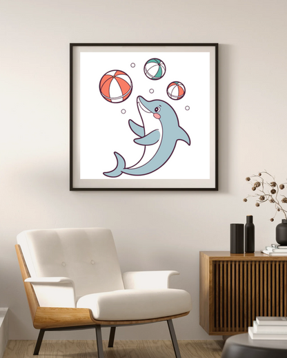 Cadre décoratif avec dauphin jongleur style cartoon thème marin