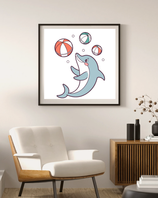 Cadre décoratif avec dauphin jongleur style cartoon thème marin