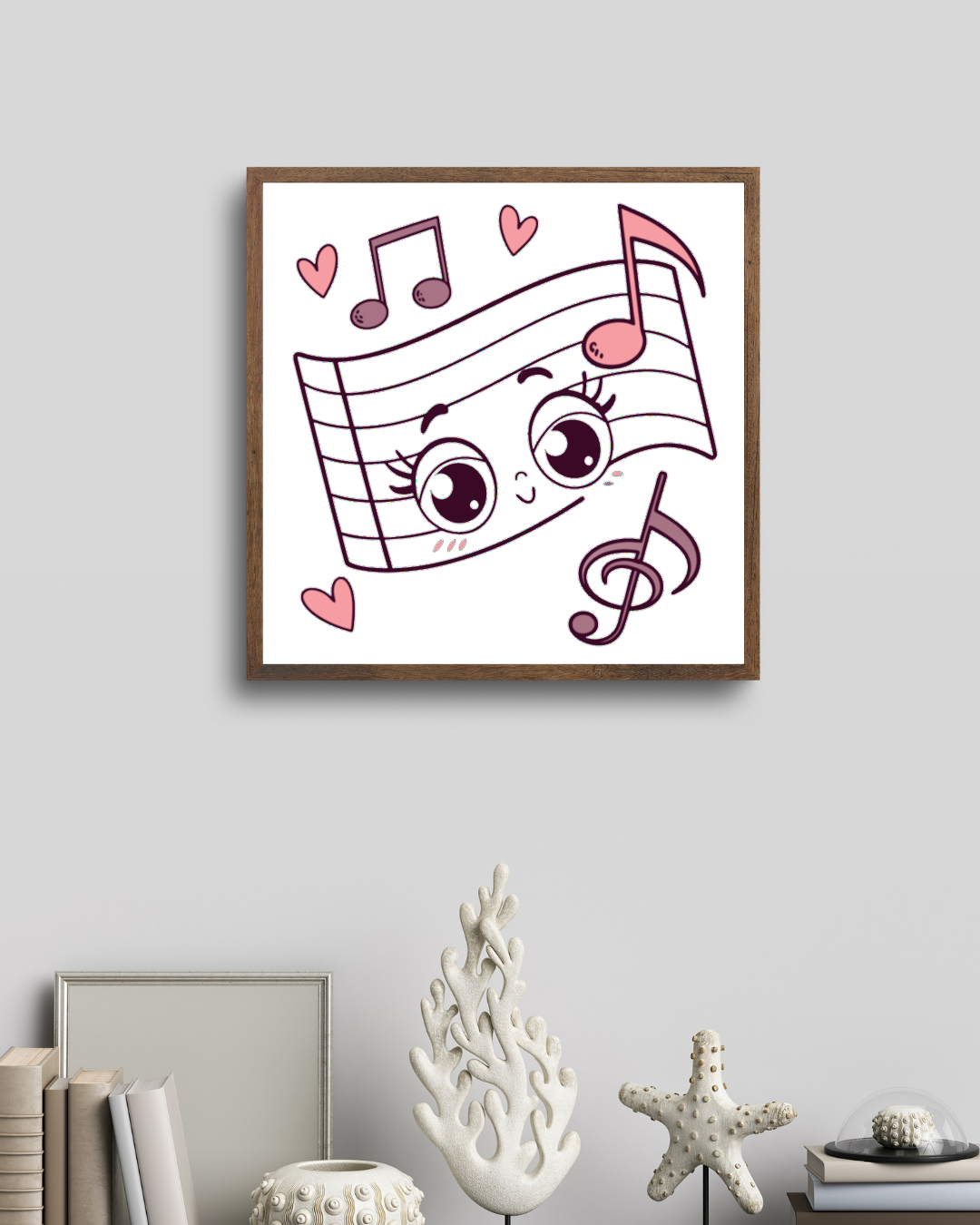 Cadre décoratif avec icône kawaii musical joyeuse en fond clair