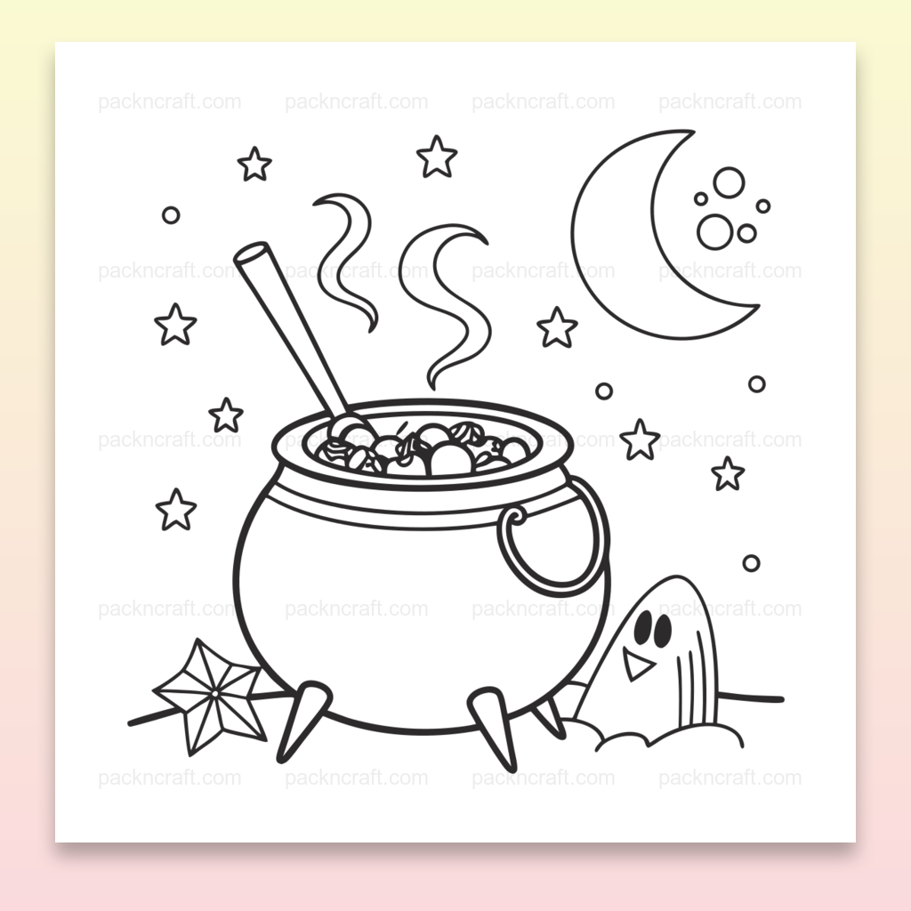 Illustration de chaudron en ébullition sous une lune étoilée pour projets DIY et éducatifs