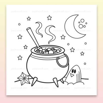Illustration de chaudron en ébullition sous une lune étoilée pour projets DIY et éducatifs