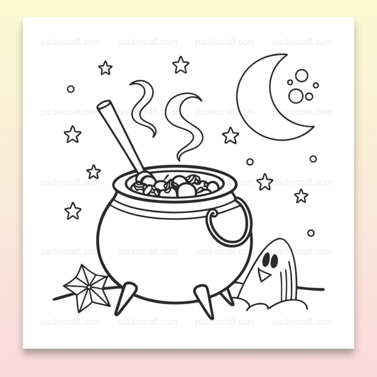 Illustration de chaudron en ébullition sous une lune étoilée pour projets DIY et éducatifs