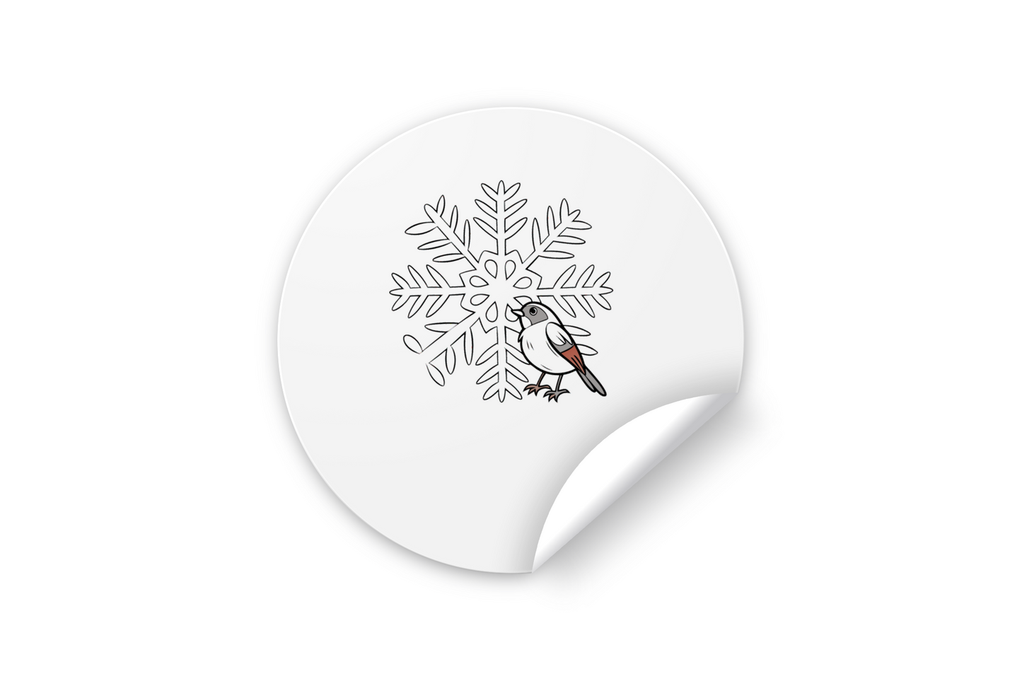Sticker avec moineau et flocon dans un monde d'hiver enchanteur sur fond artistique
