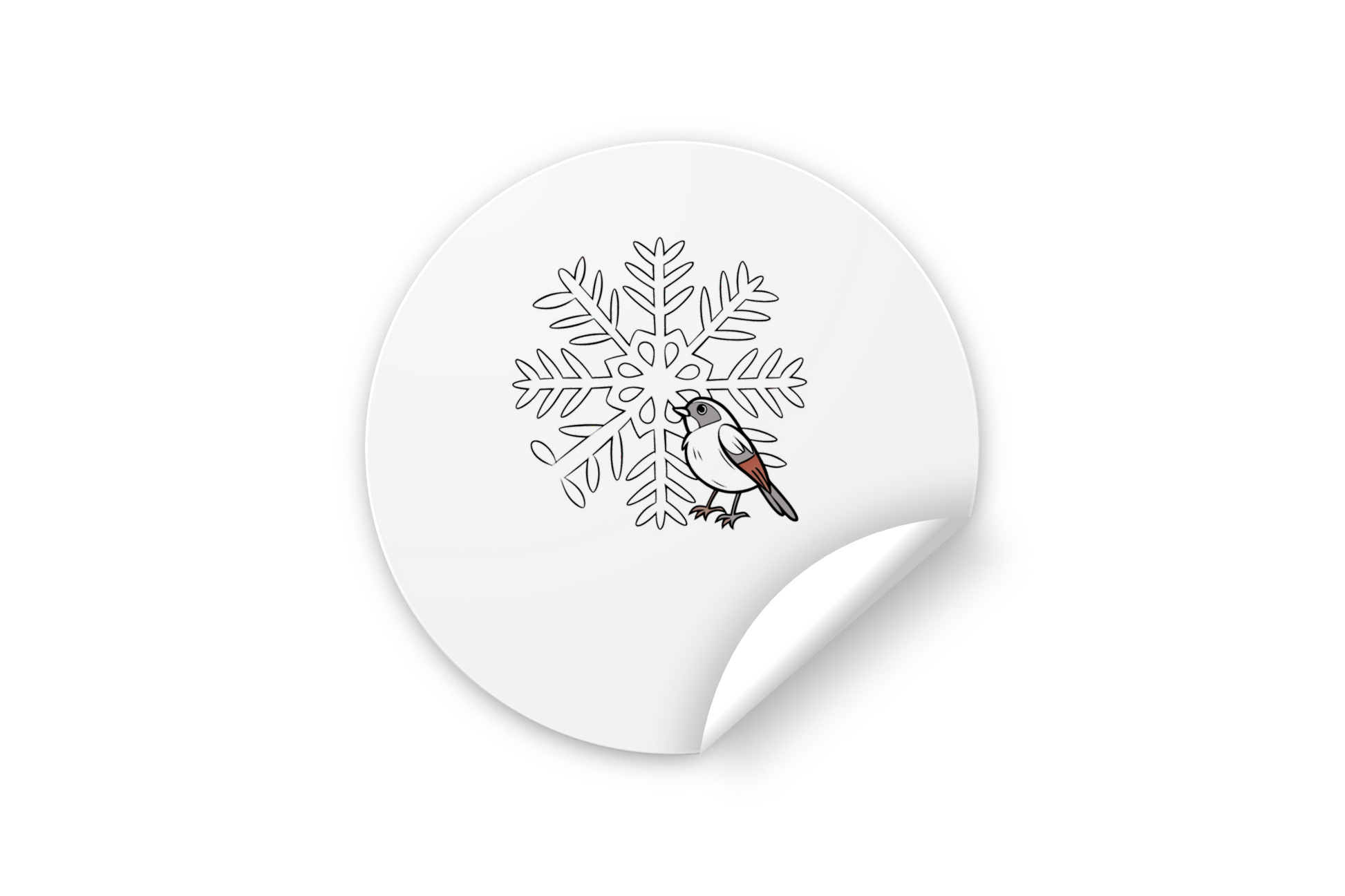 Sticker avec moineau et flocon dans un monde d'hiver enchanteur sur fond artistique