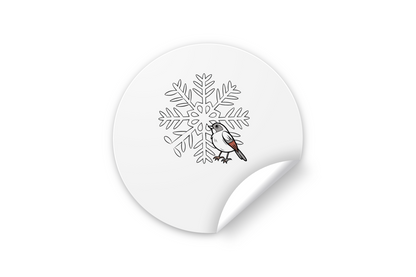 Sticker avec moineau et flocon dans un monde d'hiver enchanteur sur fond artistique