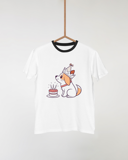 T-shirt style kawaii avec chien de fête pour anniversaire.