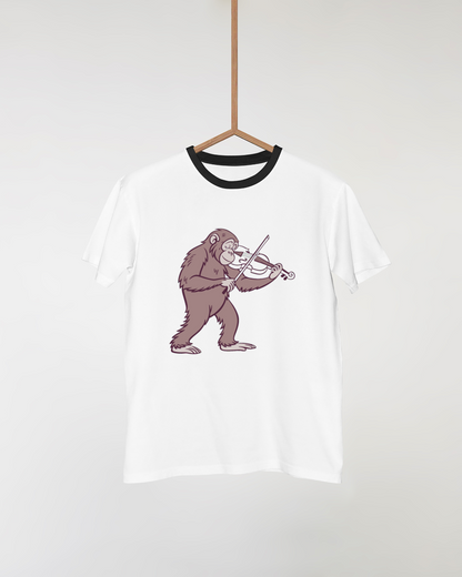 T-shirt artistique avec singe jouant du violon, style ludique et créatif