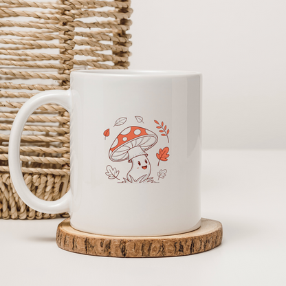 Mug orné d'un champignon doodle joyeux inspiré par un thème automnal vibrant