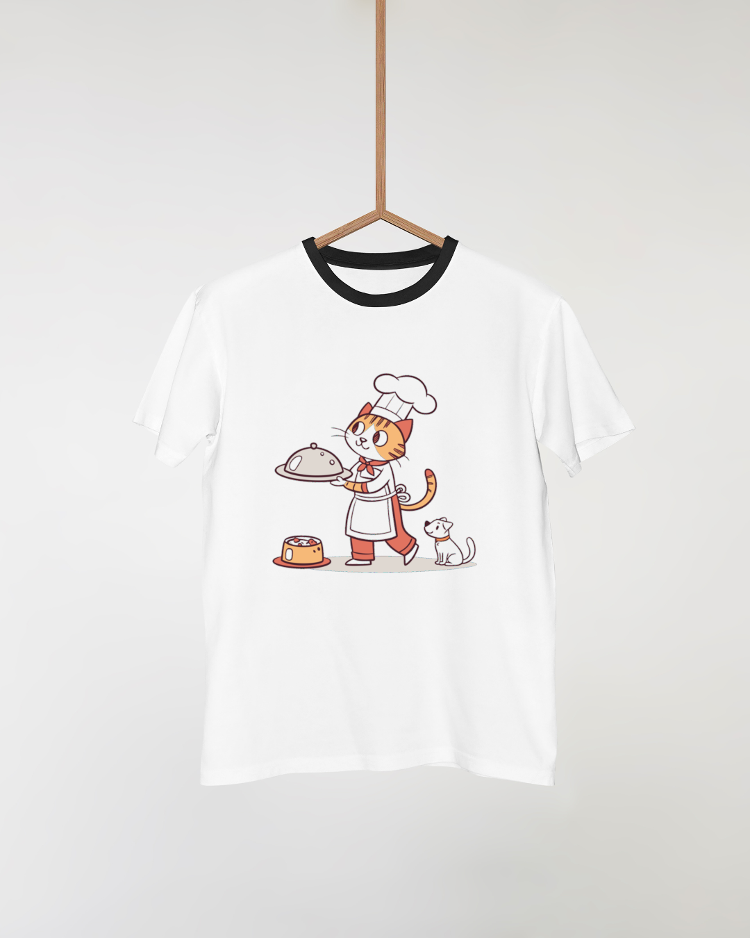 T-shirt amusant avec un chat cuisinier servant, ajoutant une touche adorable