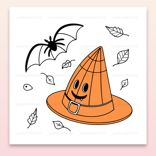 Illustration de chapeau de sorcier souriant en style kawaii pour Halloween, utilisable pour déco et DIY.