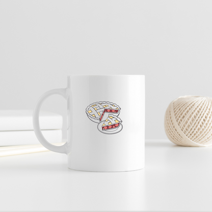 Un mug orné d'une tarte aux cerises colorée en style numérique