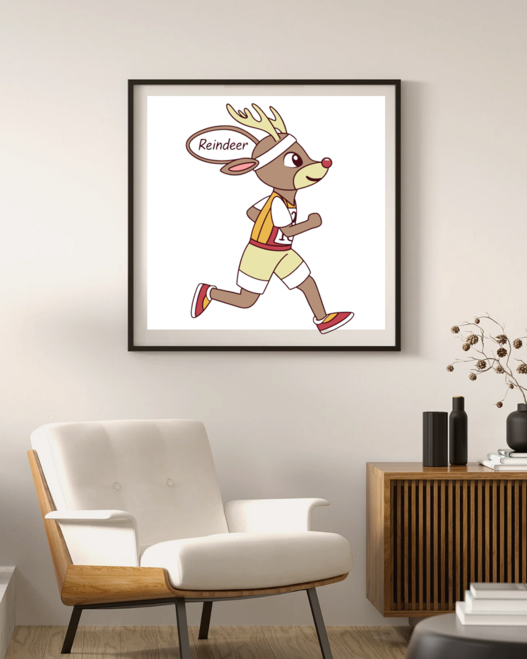 Cadre amusant avec renne cartoon en pleine course dans un décor hivernal
