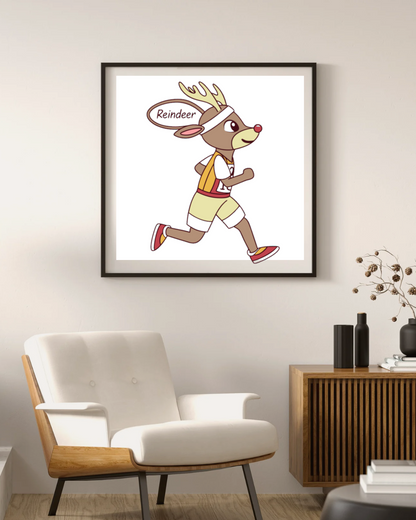 Cadre amusant avec renne cartoon en pleine course dans un décor hivernal