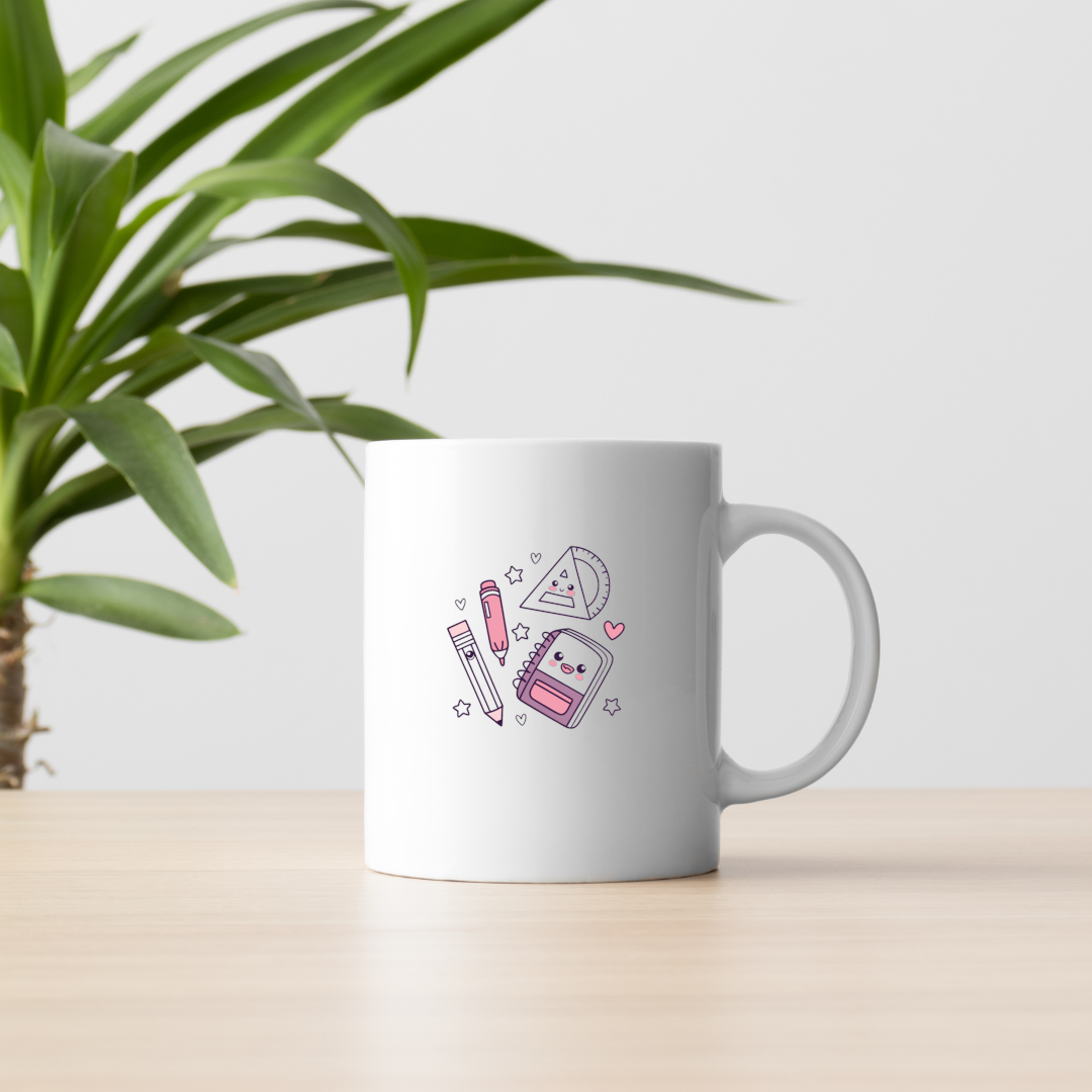 Mug décoré d'un motif de fournitures scolaires dans un style doodle créatif