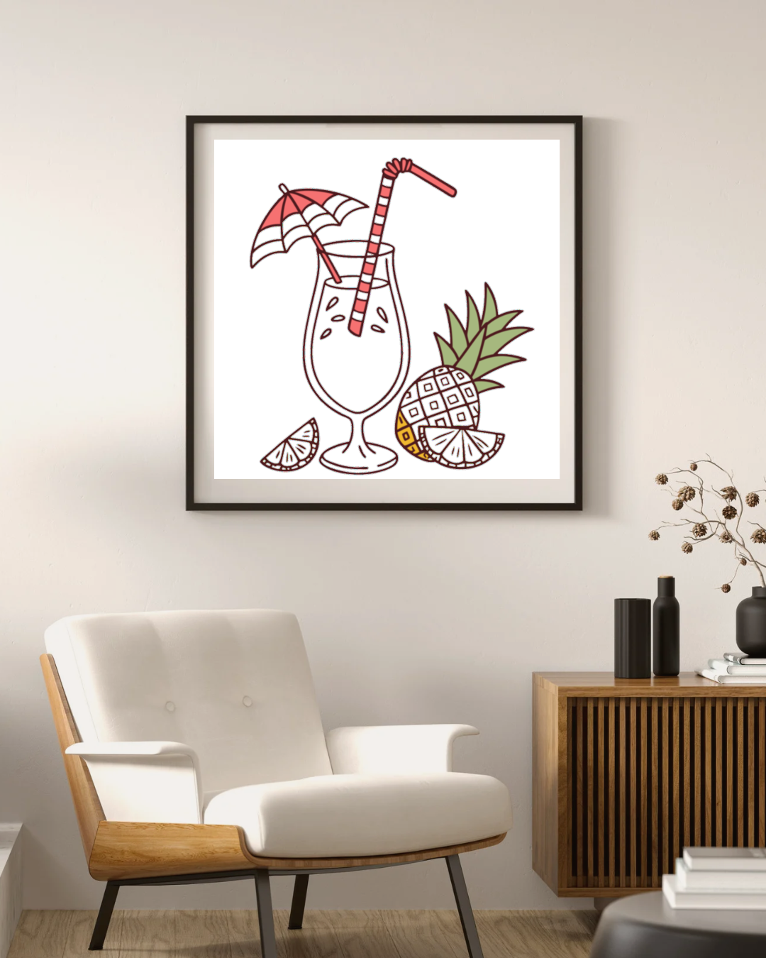 Cadre avec design pastel tropical illustrant un cocktail évasion douce et moderne