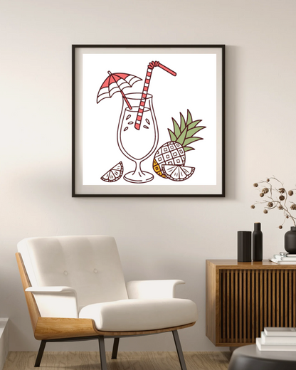 Cadre avec design pastel tropical illustrant un cocktail évasion douce et moderne