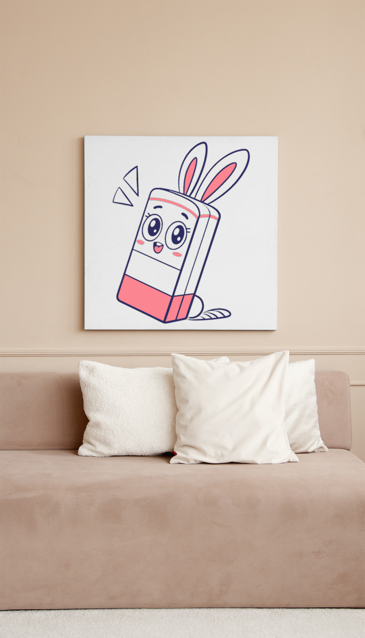 Décoration murale avec cadre remplit d'une icône lapin joyeux style Kawaii