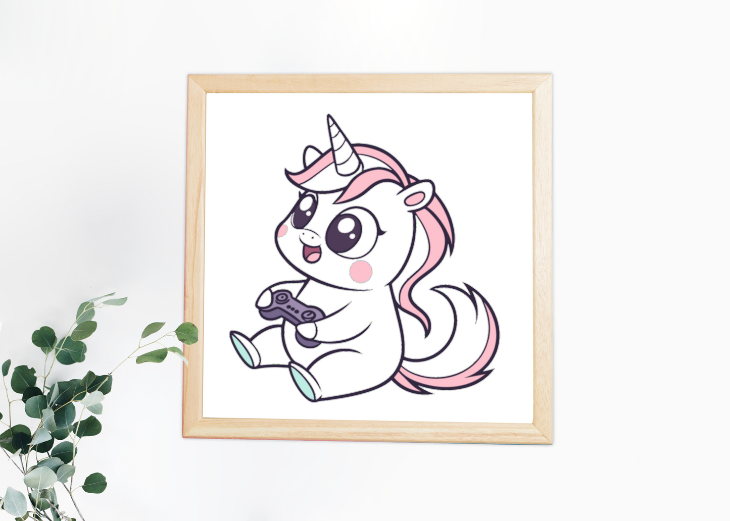 Cadre avec une licorne joyeuse dans un style enfantin rempli de couleur et de magie