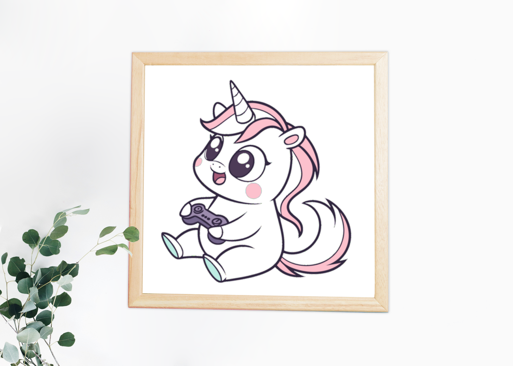 Cadre avec une licorne joyeuse dans un style enfantin rempli de couleur et de magie