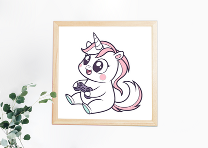 Cadre avec une licorne joyeuse dans un style enfantin rempli de couleur et de magie